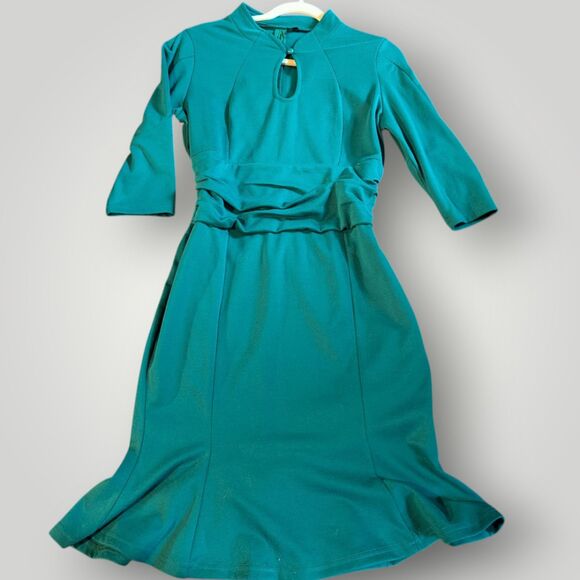 Chic Teal Retro Fit + Flare Midi Dress Keyhole Modest Elegant Comfortable Size L - Picture 2 of 10